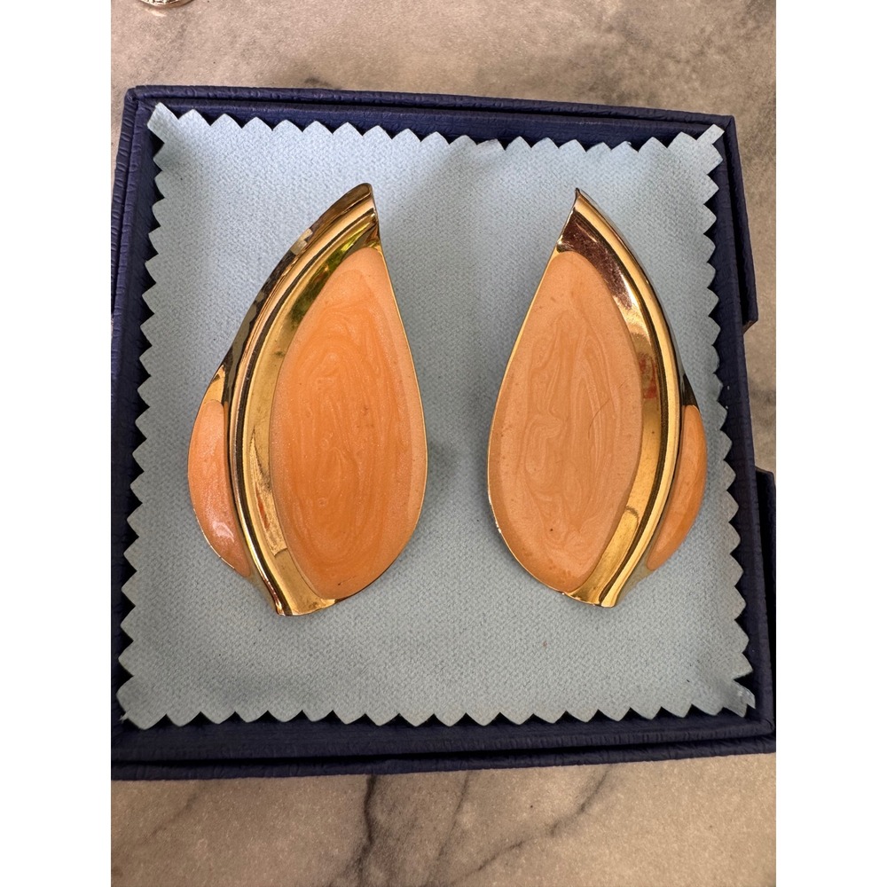 Vintage Gold Tone Apricot Peach Enamel Teardrop Statement Stud Earrings Women